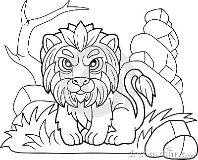 Cute lion sitting in the grass, funny design illustration Vector Illustration