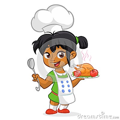 Cartoon cute little arab or afro-american girl in apron serving roasted thanksgiving turkey Vector Illustration