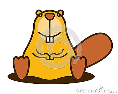 Cartoon cute little beaver character with big tail sitting on ground. Vector Illustration