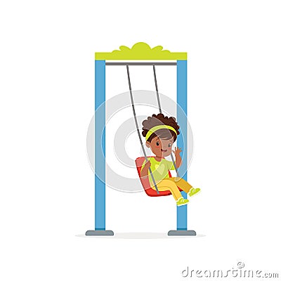 Cartoon little black girl riding on swing and waving hand. Flat child character having good time on playground at park Vector Illustration