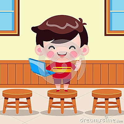Cartoon Cute Little Boy Holding Laptop Presentation In Clasroom Vector Illustration Vector Illustration