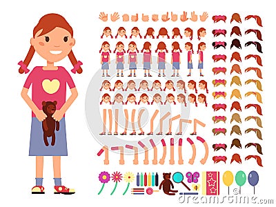 Cartoon cute little girl character. Vector creation constructor with different emotions and body parts Vector Illustration