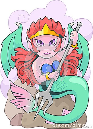 Cute mermaid with a trident in his hands, funny illustration Vector Illustration