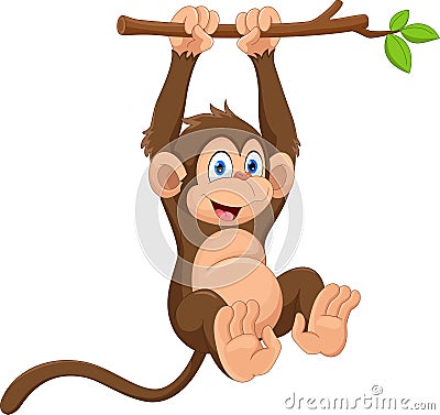 Cartoon cute monkey hanging on tree branch. Funny and adorable Stock Photo