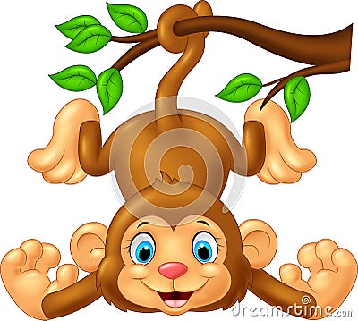 Cartoon cute monkey hanging on tree branch Vector Illustration