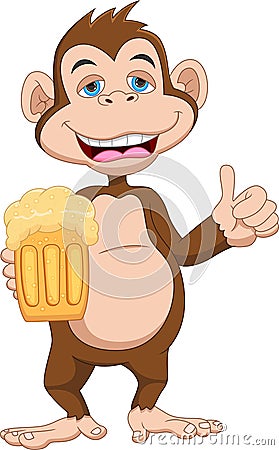 Cartoon cute monkey holding beer in the glass Vector Illustration