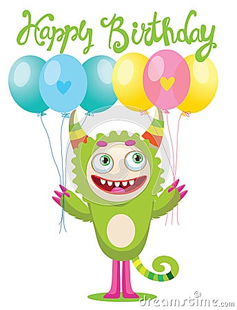 Cartoon Cute Monster Vector Illustration. Funny Monster Birthday Greeting Card. Vector Illustration