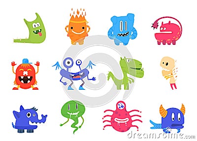 Cartoon cute monsters. Flat monster with crazy smile, silly color isolated kids characters. Funny toys, baby creatures Vector Illustration