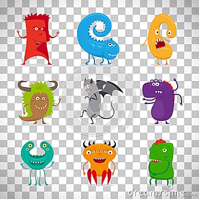 Cartoon cute monsters on transparent background Vector Illustration