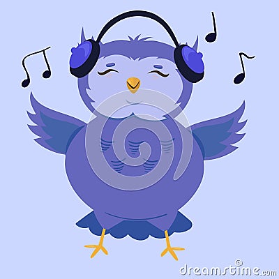 Cartoon cute owl listening to music. Vector illustration Stock Photo