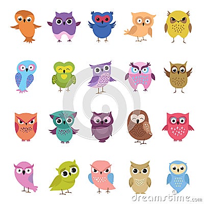 Cartoon cute owls set. Funny and angry birds collection Vector Illustration