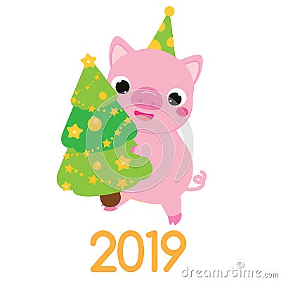 Cartoon pig, symbol of 2019 chinse new year with spruce tree. vector illustration for calendars and cards Vector Illustration