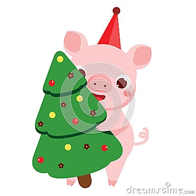 Cartoon pig, symbol of 2019 chinse new year with spruce tree. vector illustration for calendars and cards Vector Illustration