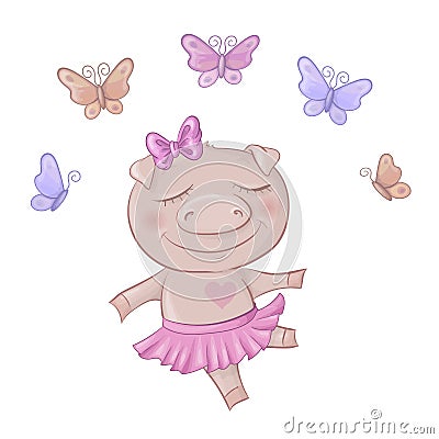 Cartoon cute piggy little girl with a bow in a dress. Vector Illustration