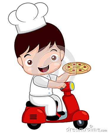Cartoon Cute pizza chef on bike Vector Illustration