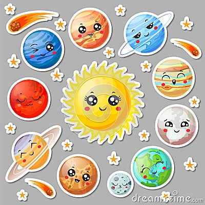 Cartoon cute planets stickers. Happy planet face, smiling earth and sun. Astronomy solar system sticker vector Vector Illustration