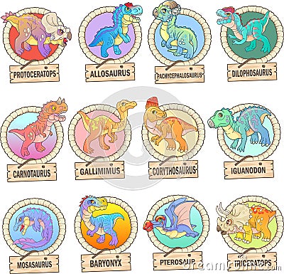 Cute prehistoric dinosaurs, set of images, funny illustrations Vector Illustration