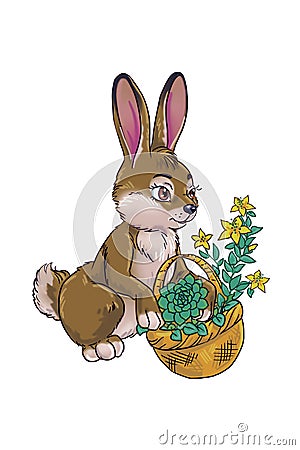 Cartoon cute rabbit with busket of greens Cartoon Illustration