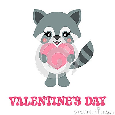 Cartoon cute raccoon with heart and valentines text Vector Illustration