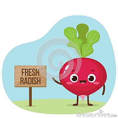 Cartoon cute radish character vector with banner Vector Illustration