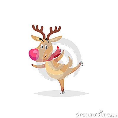 Cartoon cute reindeer with big red nose and scarf skates. Christmas and winter symbold. Great for greeting cards and invitations. Vector Illustration