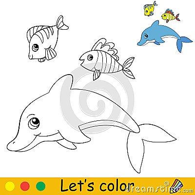 Cartoon cute sea theme coloring dolphin and fish Vector Illustration