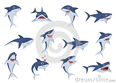 Cartoon cute sharks. Underwater characters with different emotions, happy, sad and surprised, smile, funny and angry Vector Illustration