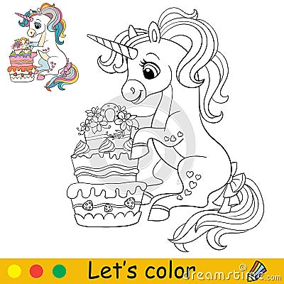 Cartoon cute sitting unicorn with cake coloring Vector Illustration