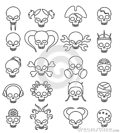 Cartoon cute skull linear icon set Vector Illustration