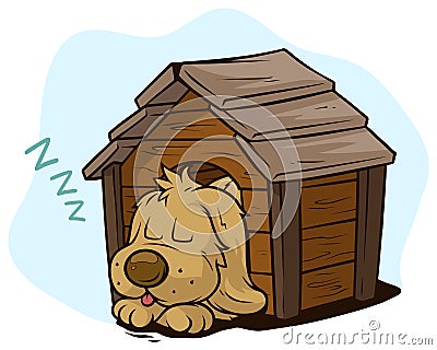 Cartoon cute sleeping dog in wooden kennel Vector Illustration