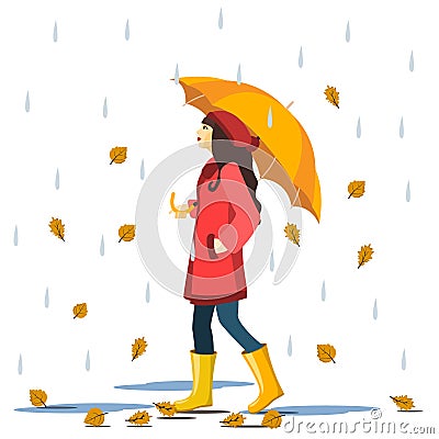 Cartoon cute smiling girl in red coat and boots with automn falling leaves spin in wind Cartoon Illustration