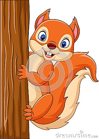 Cartoon cute squirrel climbing on a tree Vector Illustration