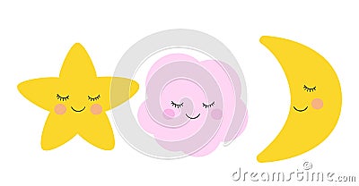Cartoon cute star, cloud and moon sleeping and smiling. Vector Illustration
