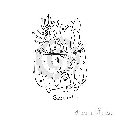 Cartoon cute succulents in pot. Vector Illustration