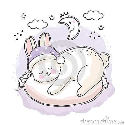 Cartoon cute sweet dream, White rabbit sleeping at night vector. Stock Photo