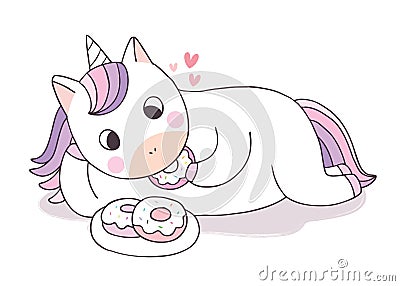 Cartoon cute Unicorn eating sweet doghnut vector. Stock Photo