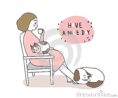 Cartoon cute woman drink coffee and cat and dog sleepy relaxtion vector. Stock Photo