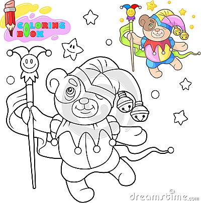 Cute teddy bear dancing, funny illustration, coloring book Vector Illustration