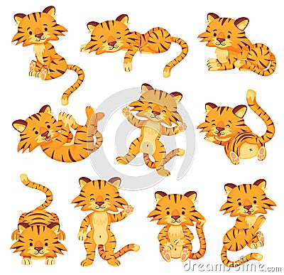 Cartoon cute tigers, happy little tiger cubs. Adorable baby tiger sleeping or playing, wild cats animal characters in Vector Illustration