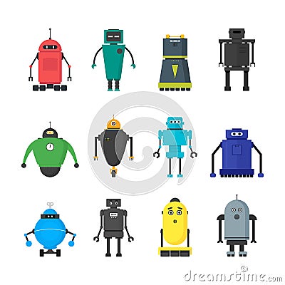 Cartoon Cute Toy Robots Color Icons Set. Vector Vector Illustration