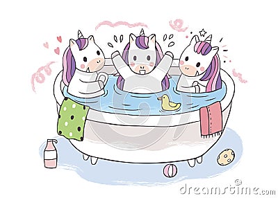 Cartoon cute unicorns washing in bathtub vector. Vector Illustration