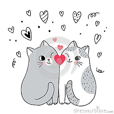 Cartoon cute Valentines day couple cats and heart vector. Stock Photo