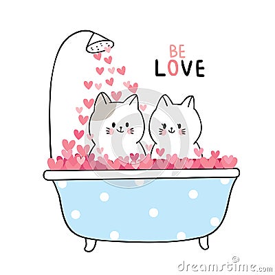 Cartoon cute Valentines day white cats bath in hearts vector. Stock Photo