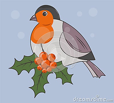 Cartoon cute vector bullfinch. A bright fluffy winter bird sits on a rowan branch with red berries. Winter card, poster Vector Illustration