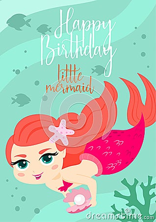 Cartoon cute vector card. Summer poster happy birthday little mermaid. Stock Photo