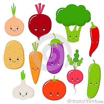 Cartoon vegetables vector set in flat style. Onion, carrot, cucumber, paprika, tomato, pepper, broccoli, garlic, potato Vector Illustration