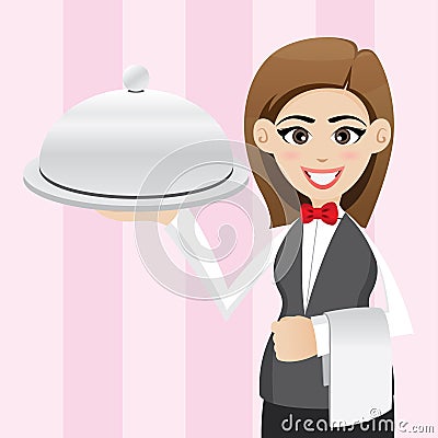 Cartoon cute waitress with food tray Vector Illustration