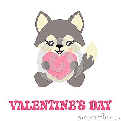 Cartoon cute wolf sitting with heart vector and valentines text Vector Illustration