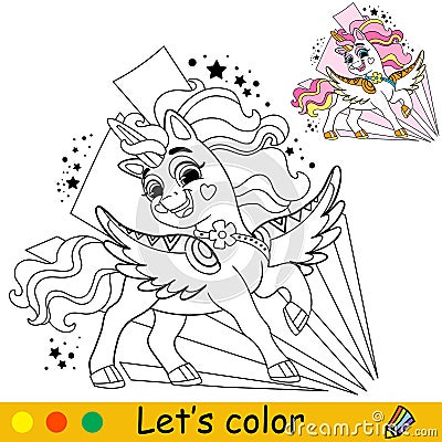 Cartoon cutie pegasus kids coloring book page vector Vector Illustration