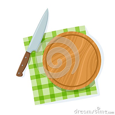 Cartoon cutting board, knife on green napkin isolated on white Vector Illustration